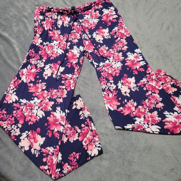 Midnight Pant Womens Medium Floral Blue Pink Straight Comfort Stretch Pull On M - Picture 1 of 12